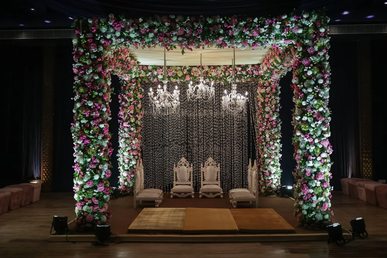 Floral wedding mandap prepared for a celebration