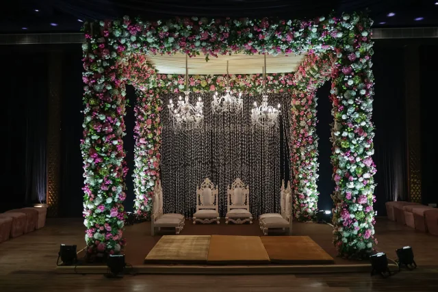 Floral wedding mandap prepared for a celebration
